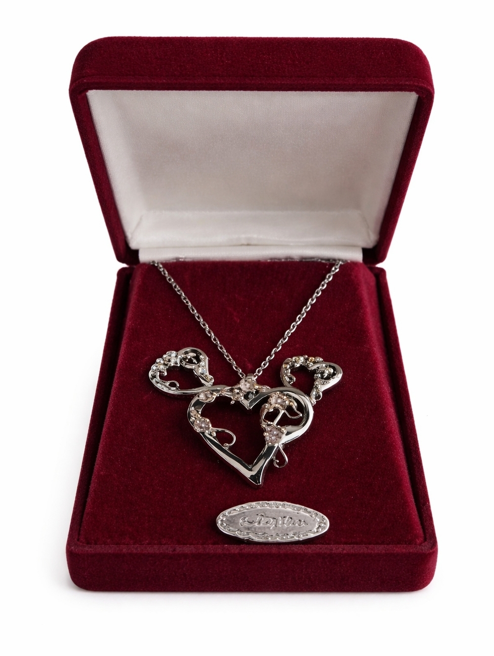 Vintage Sterling Silver Filigree Heart Necklace Rhinestone Pendant Set